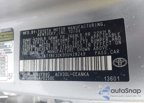 2005 Toyota Camry Le из США, поврежденный, VIN 4T1BE32K95U428249